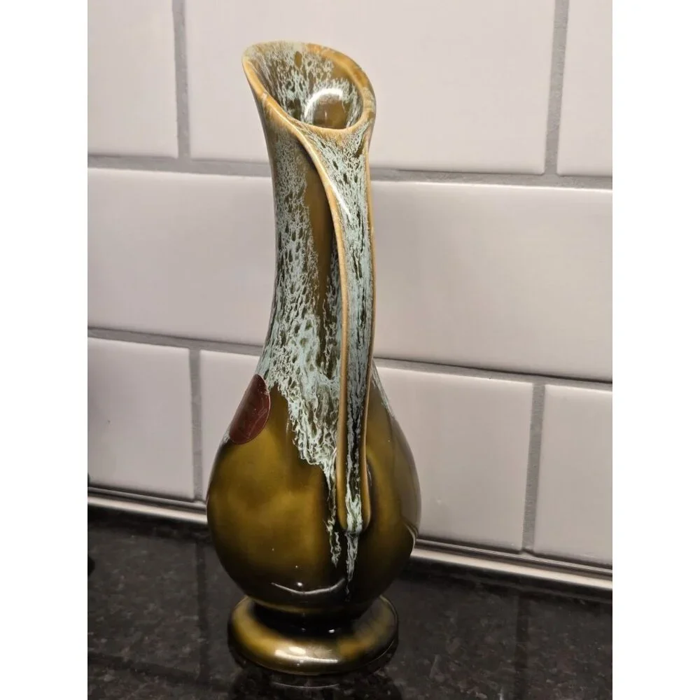 Vintage USA Drip Glaze Pottery Ewer Vase Olive Green Aqua MCM 9” Pitcher